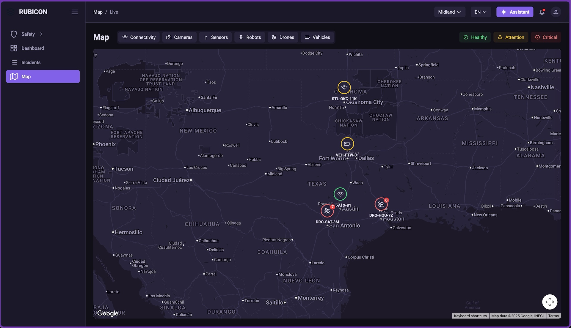 Rubicon Map View - Geographic monitoring showing facility locations, connectivity status, and regional incident tracking